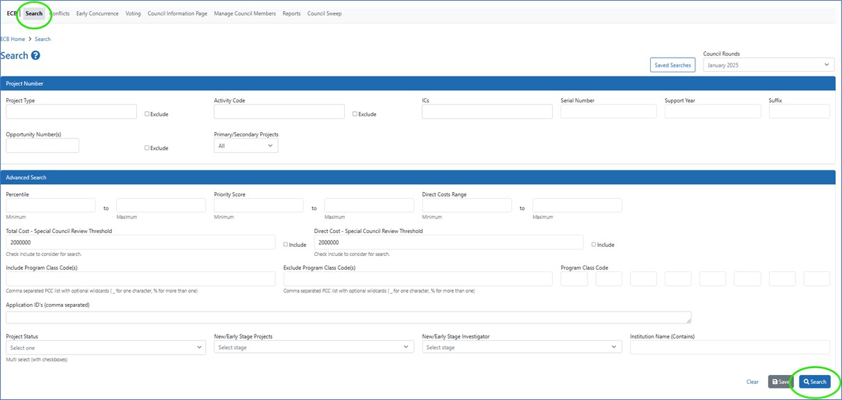 Electronic Council Book Search screen with the Search tab highlighted.