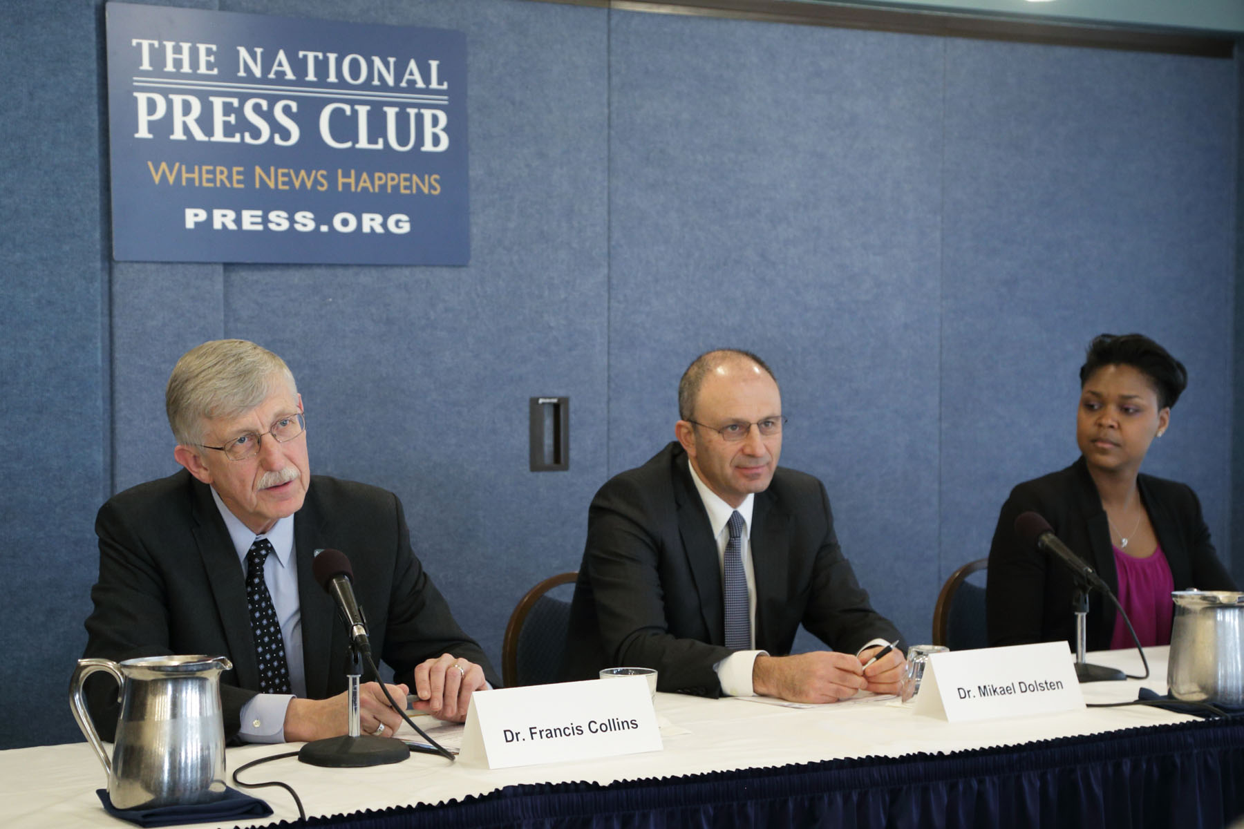 NIH Director Dr. Francis Collins; Dr. Mikael Dolsten, president of Worldwide Research and Development at Pfizer; and Shanelle Gabriel, performance artist and lupus patient, discuss the Accelerating Medicines Partnership