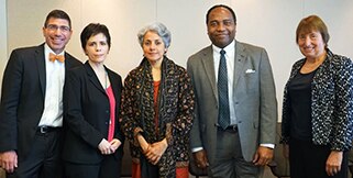 Photo(from left to right) of Dr. Andrew Bremer, Dr. Eleanor Hoff, Dr. Soumya Swaminathan, Dr. Griffin Rodgers, and Dr. Judith Fradkin
