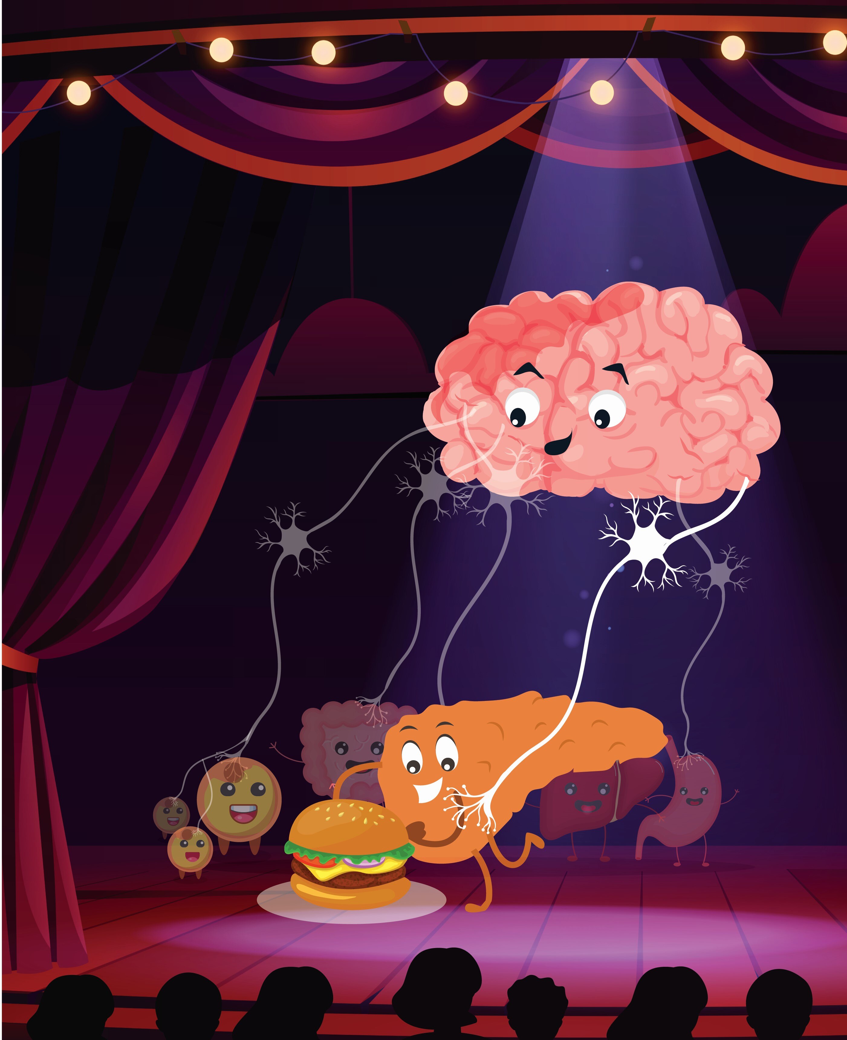 Cartoon of the brain regulating glucose levels.