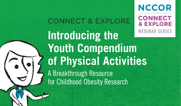 Cartoon woman announcing the title of a webinar, 'Introducing the Youth Compendium of Physical Activities'