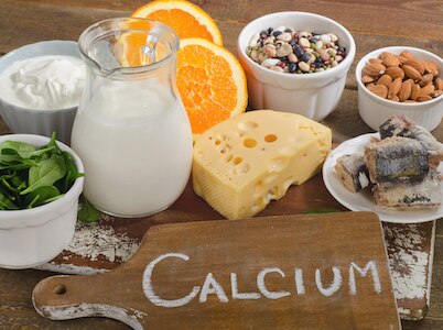 A display of foods and beverages that are high in calcium.