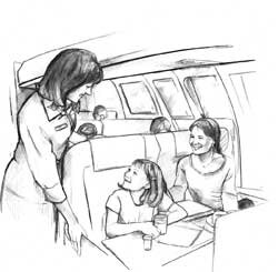Ilustración de una mujer y una niña sentadas en un avión