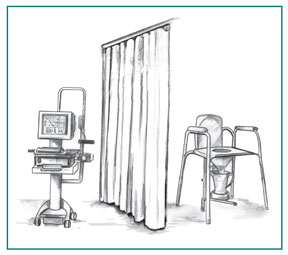 Drawing of a computer that collects uroflowmetry data. A curtain separates the computer from a special toilet attached to a container for catching and measuring urine.