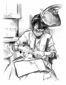 Dibujo de un dentista examinando los dientes de un paciente.