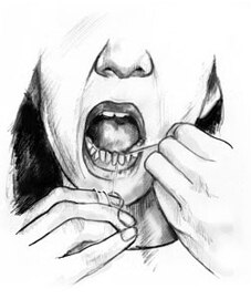 Dibujo de una mujer pasándose seda dental por los dientes.