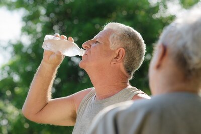 De un hombre en ropa de ejercicio al aire libre que bebe de una botella de agua.