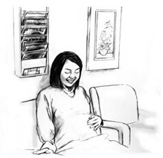 Dibujo de una mujer embarazada sentada en la sala de espera de su médico.