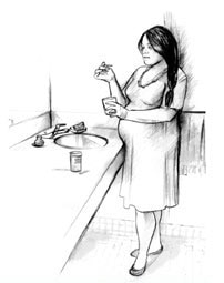 Dibujo de una mujer embarazada realizándose una prueba para evaluar su nivel de cetonas.
