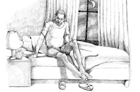 Ilustración de un hombre africanoamericano levantándose de la cama debido a la necesidad de orinar con frecuencia por la noche.