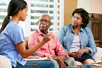Couple meets with health care provider in their home.