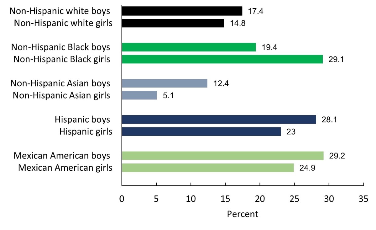 A bar chart showing the prevalence of obesity among children and adolescents ages 2 to 19 years by sex, race, and Hispanic origin in United States between 2017–2018.   The prevalence rate for obesity was 17.4% among non-Hispanic white boys, 14.8% among non-Hispanic white girls, 19.4% among non-Hispanic Black boys, 29.1% non-Hispanic Black girls, 12.4% among non-Hispanic Asian boys, 5.1% among non-Hispanic Asian girls, 29.2% among Mexican American boys, and 24.9% among Mexican American girls.