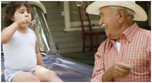 Imagen de una niña haciendo pompitas con su abuelo subida en el capó de un auto.