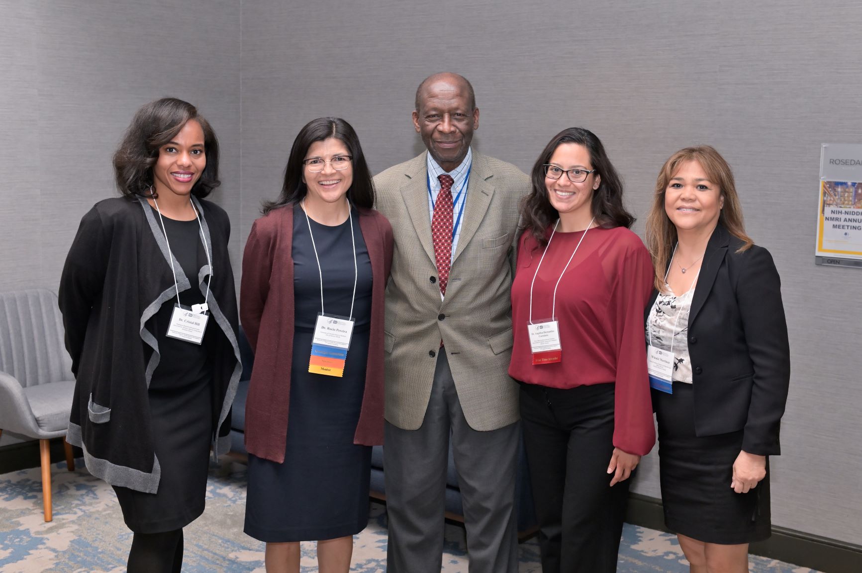 Photo of Endocrine Society: Dr. Crystal Hill, Dr. Angelina Hernandez-Carretero  Pictured: Dr. Rocio Pereira, Dr. Lawrence Agodoa, Ms. Winnie Martinez.